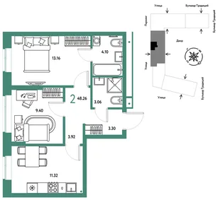 Планировка 2-комн. квартира, 48.26 м² ЖК «Микрорайон Домашний»