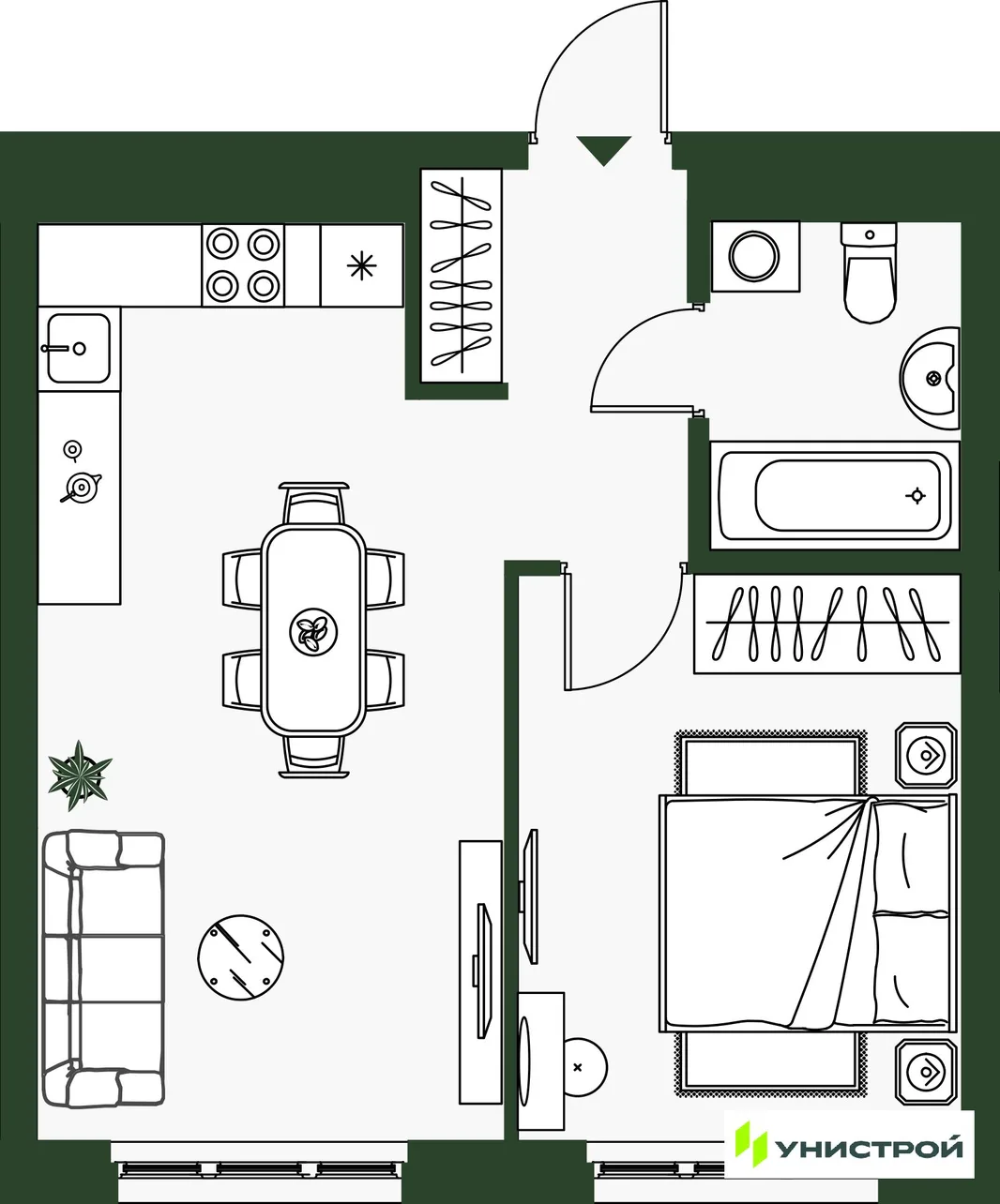 Планировка 1-комн. квартира, 39.13 м² ЖК «Парковый квартал 2.0»