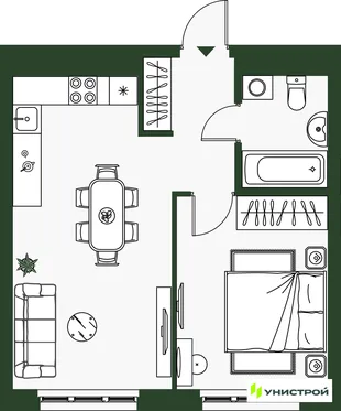 Планировка 1-комн. квартира, 39.13 м² ЖК «Парковый квартал 2.0»