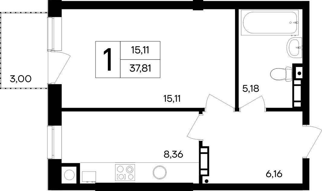 Планировка 1-комн. квартира, 38 м² ЖК «Кубики»