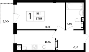 Планировка 1-комн. квартира, 38 м² ЖК «Кубики»