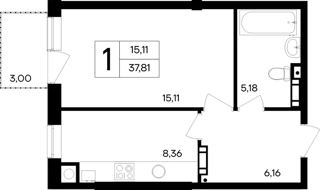 Планировка 1-комн. квартира, 38 м² ЖК «Кубики»