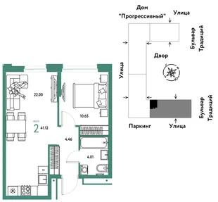 Планировка 2-комн. квартира, 41.12 м² ЖК «Микрорайон Домашний»