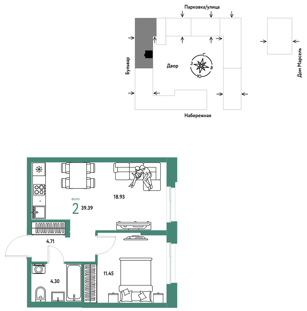 Планировка 2-комн. квартира, 39.39 м² ЖК «Европейский берег 2.0»