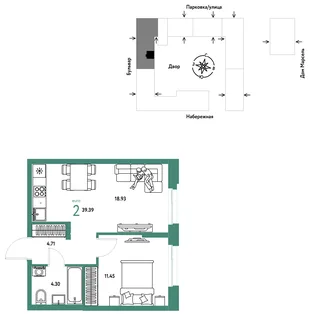 Планировка 2-комн. квартира, 39.39 м² ЖК «Европейский берег 2.0»