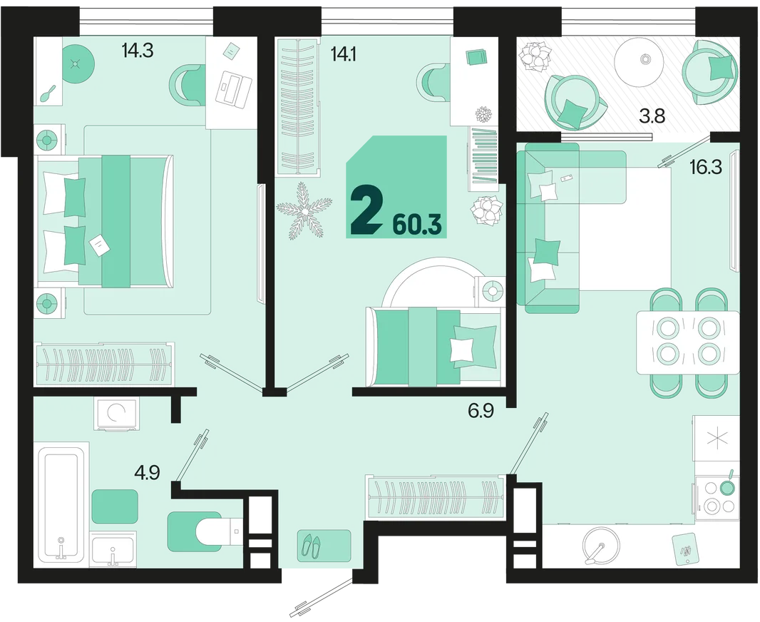 Планировка 2-комн. квартира, 60.3 м² ЖК «Первое место»