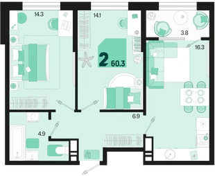 Планировка 2-комн. квартира, 60.3 м² ЖК «Первое место»