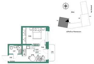 Планировка 2-комн. квартира, 32.91 м² ЖК «Сибирский сад»