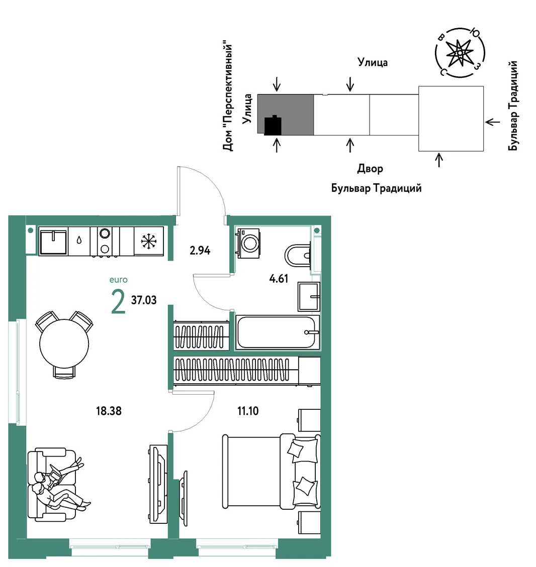 Планировка 2-комн. квартира, 37.03 м² ЖК «Микрорайон Домашний»