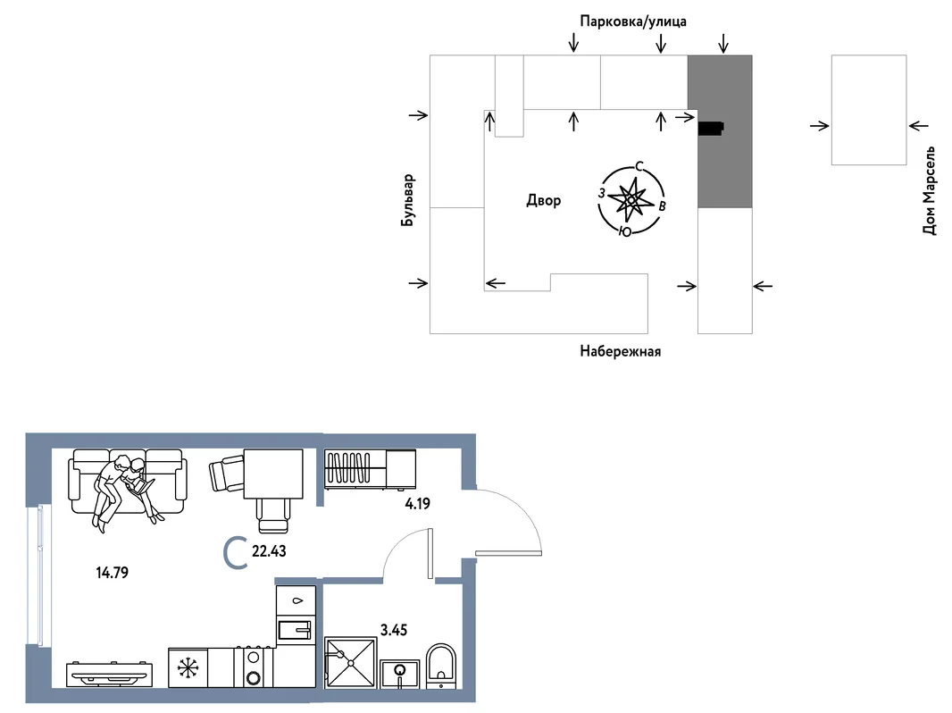 Планировка Студия, 22.43 м² ЖК «Европейский берег 2.0»