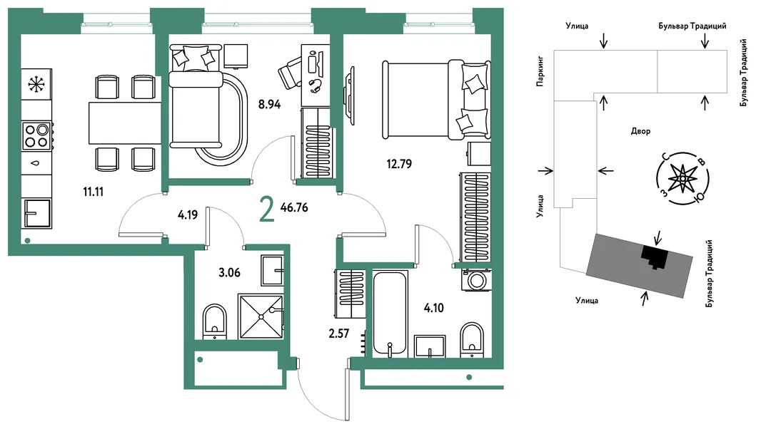 Планировка 2-комн. квартира, 46.76 м² ЖК «Микрорайон Домашний»