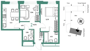 Планировка 2-комн. квартира, 46.76 м² ЖК «Микрорайон Домашний»