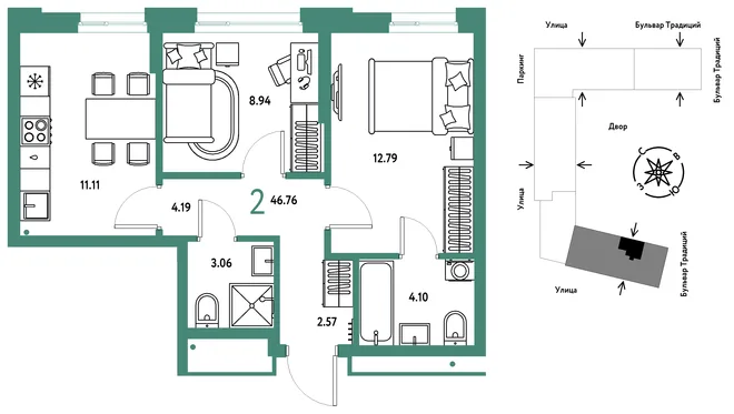 Планировка 2-комн. квартира, 46.76 м² ЖК «Микрорайон Домашний» Планировка 2-комн. квартира, 46.76 м² ЖК «Микрорайон Домашний»