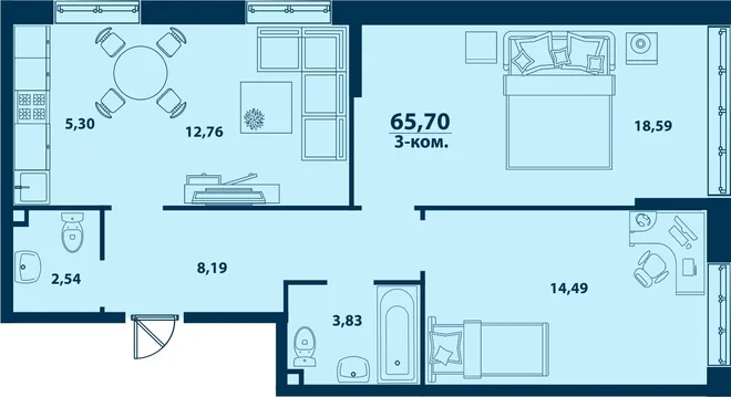 Планировка 3-комн. квартира, 65.7 м² ЖК «Город природы»