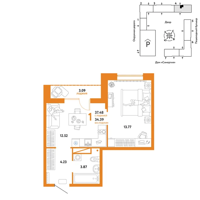 Планировка 1-комн. квартира, 37.48 м² ЖК «Юнион» Планировка 1-комн. квартира, 37.48 м² ЖК «Юнион»