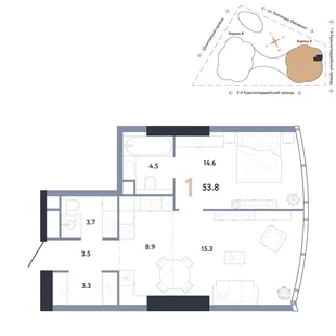 Планировка 1-комн. квартира, 53.8 м² ЖК «АУРУС Резиденции»