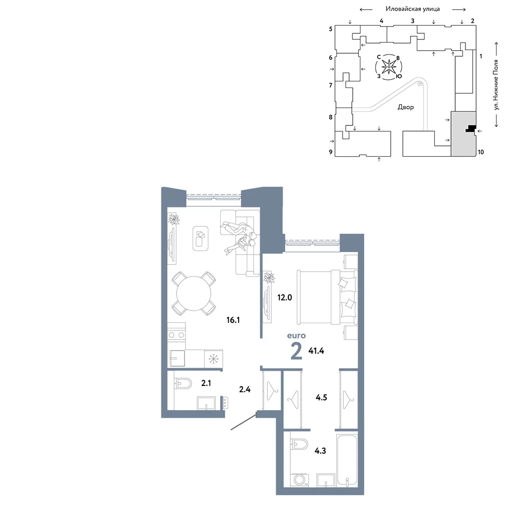Планировка 2-комн. квартира, 41.4 м² ЖК «Страна.Заречная»