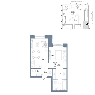 Планировка 2-комн. квартира, 41.4 м² ЖК «Страна.Заречная»