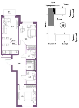 Планировка 3-комн. квартира, 66.69 м² ЖК «Микрорайон Домашний»