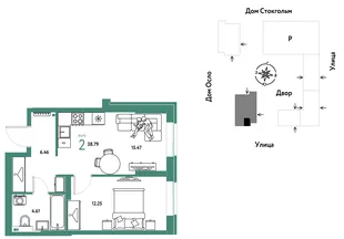 Планировка 2-комн. квартира, 38.79 м² ЖК «Европейский берег 2.0»