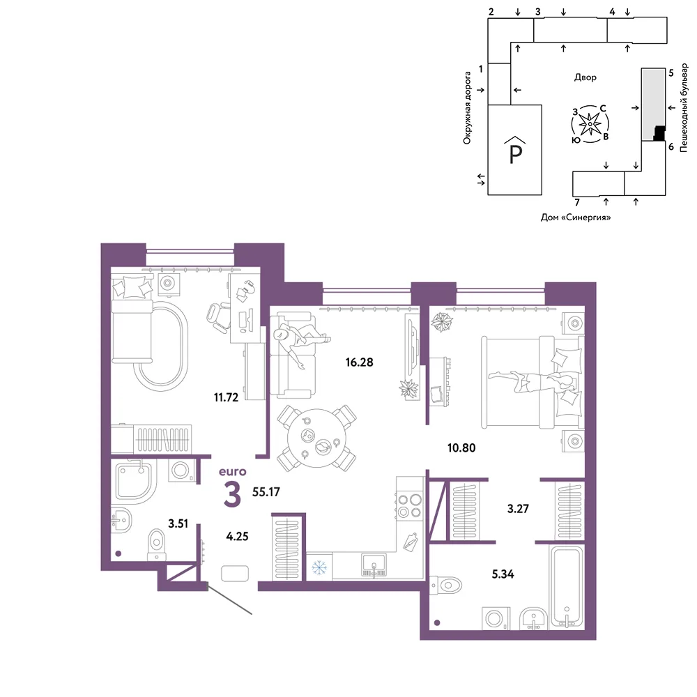 Планировка 3-комн. квартира, 55.17 м² ЖК «Юнион»