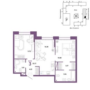 Планировка 3-комн. квартира, 55.17 м² ЖК «Юнион»