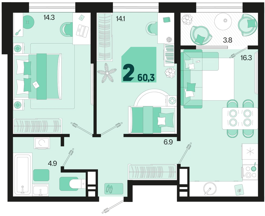 Планировка 2-комн. квартира, 60.3 м² ЖК «Первое место»
