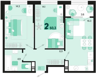 Планировка 2-комн. квартира, 60.3 м² ЖК «Первое место»