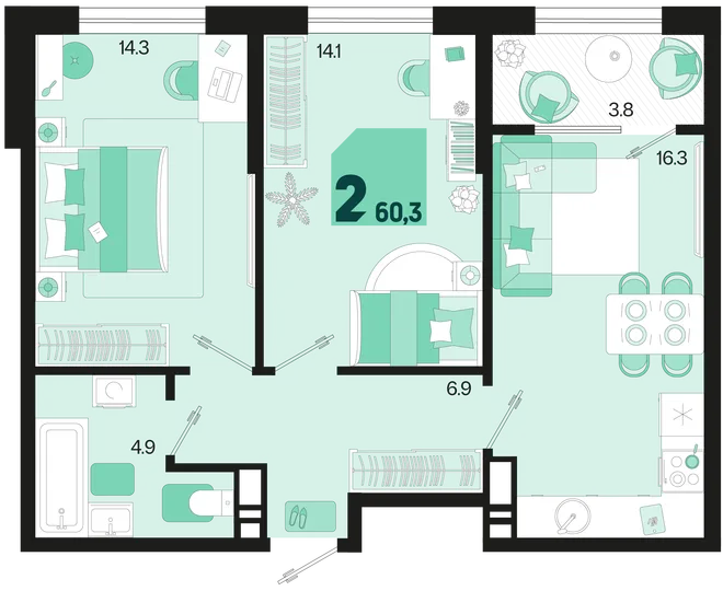 Планировка 2-комн. квартира, 60.3 м² ЖК «Первое место»