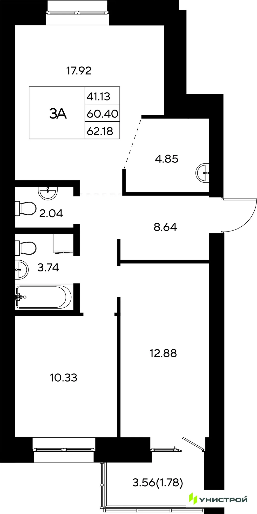 Планировка 3-комн. квартира, 62.18 м² ЖК «Царёво City»