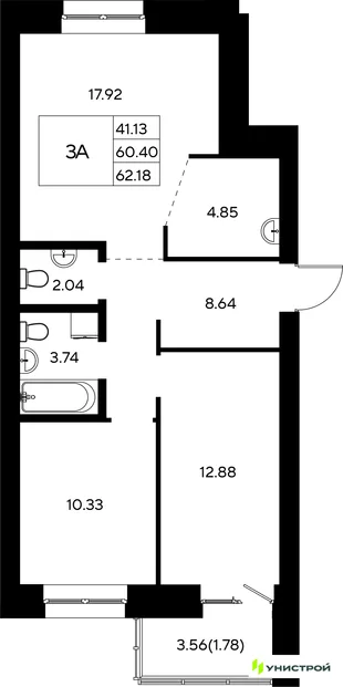 Планировка 3-комн. квартира, 62.18 м² ЖК «Царёво City»