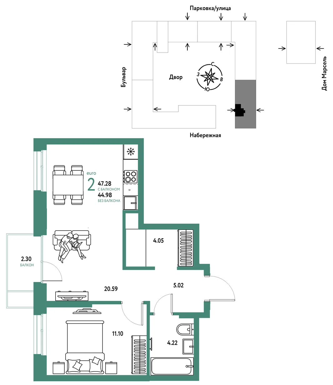 Планировка 2-комн. квартира, 47.28 м² ЖК «Европейский берег 2.0»