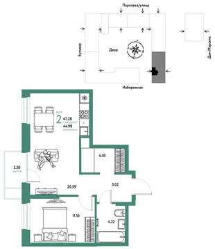 Планировка 2-комн. квартира, 47.28 м² ЖК «Европейский берег 2.0»