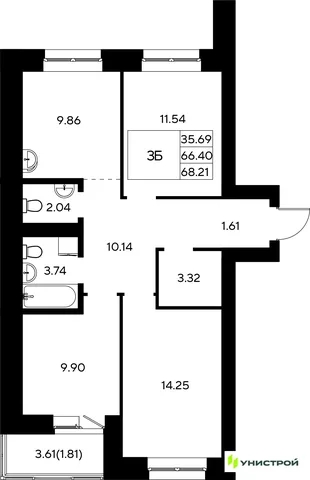 Планировка 3-комн. квартира, 68.21 м² ЖК «Царёво City»