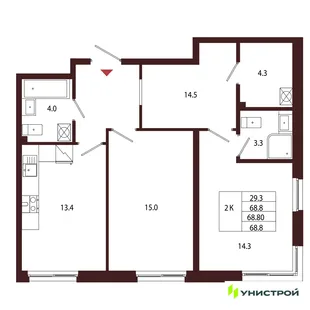 Планировка 2-комн. квартира, 68.8 м² ЖК «Лисино»