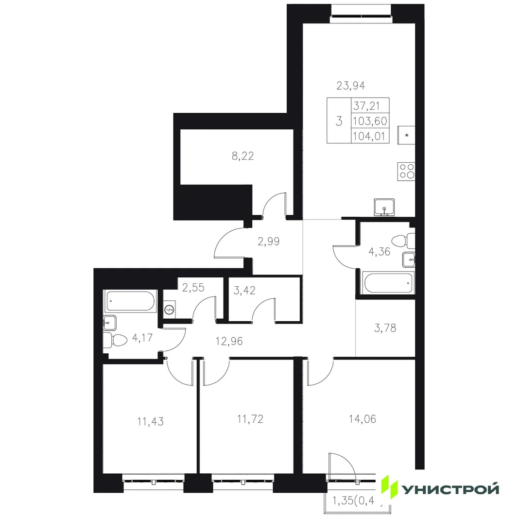 Планировка 3-комн. квартира, 104.01 м² ЖК «Statum»
