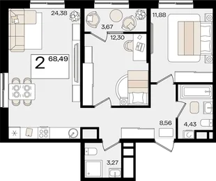Планировка 2-комн. квартира, 68.49 м² ЖК «Патрики»