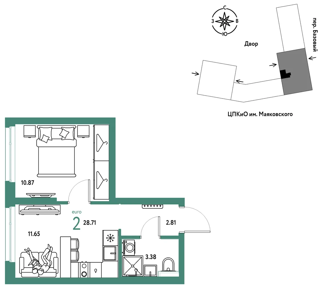 Планировка 2-комн. квартира, 28.71 м² ЖК «Сибирский сад»
