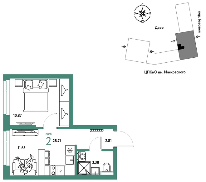 Планировка 2-комн. квартира, 28.71 м² ЖК «Сибирский сад» Планировка 2-комн. квартира, 28.71 м² ЖК «Сибирский сад»