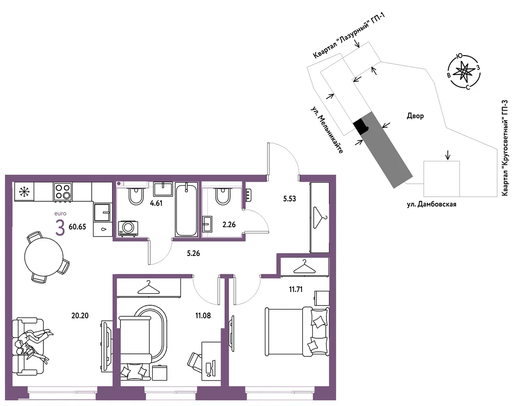Планировка 3-комн. квартира, 60.65 м² ЖК «Страна Прибрежная»
