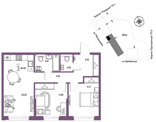 Планировка 3-комн. квартира, 60.65 м² ЖК «Страна Прибрежная»