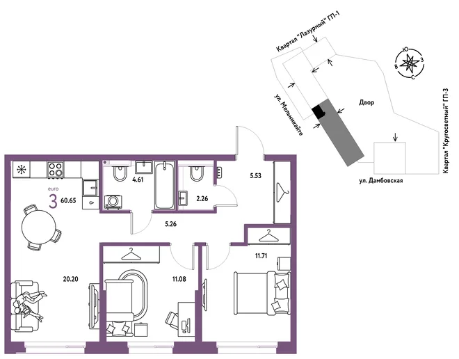 Планировка 3-комн. квартира, 60.65 м² ЖК «Страна Прибрежная» Планировка 3-комн. квартира, 60.65 м² ЖК «Страна Прибрежная»