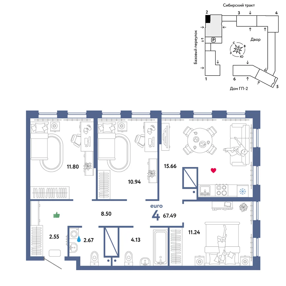 Планировка 4-комн. квартира, 67.49 м² ЖК «Сибирский сад»