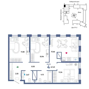 Планировка 4-комн. квартира, 67.49 м² ЖК «Сибирский сад»