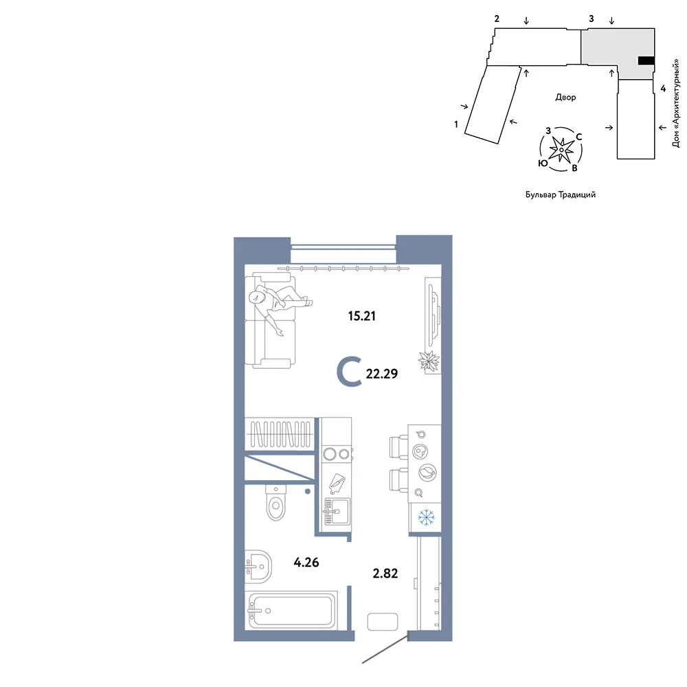 Планировка Студия, 22.29 м² ЖК «Микрорайон Домашний»