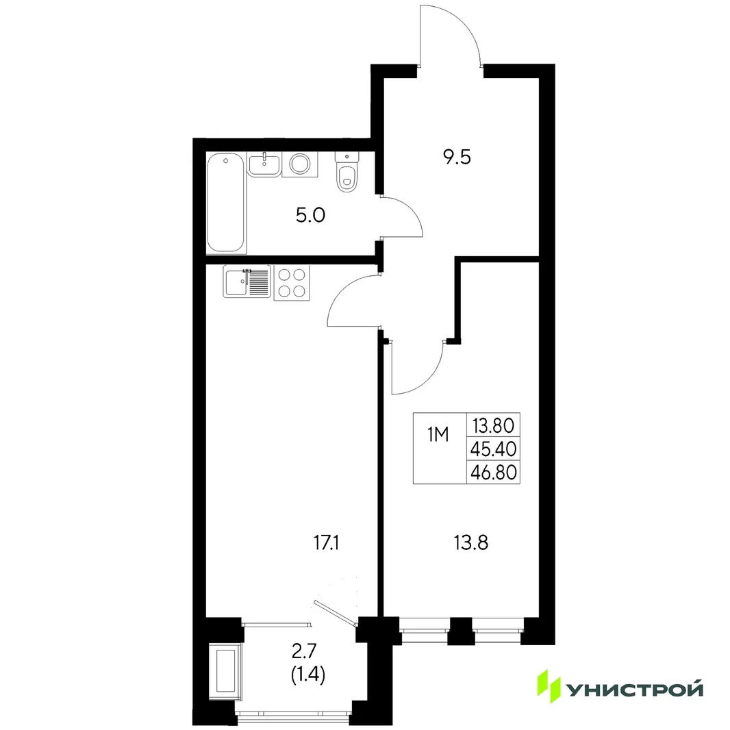 Планировка 1-комн. квартира, 46.8 м² ЖК «Стадиум»
