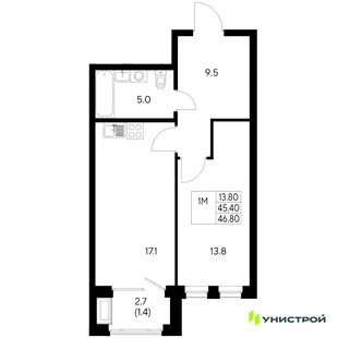 Планировка 1-комн. квартира, 46.8 м² ЖК «Стадиум»