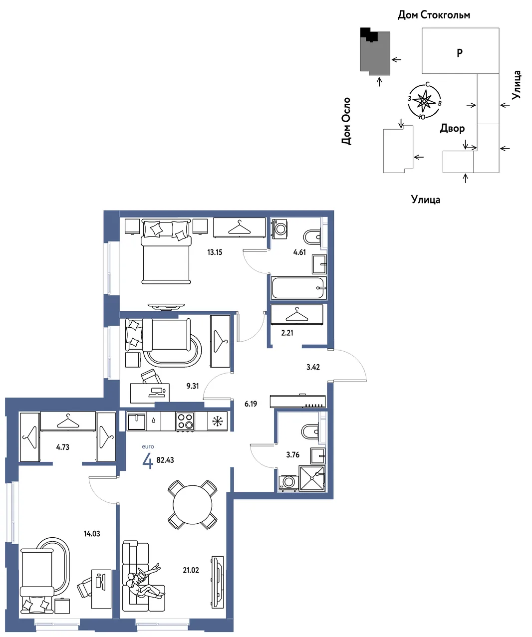 Планировка 4-комн. квартира, 82.43 м² ЖК «Европейский берег 2.0»