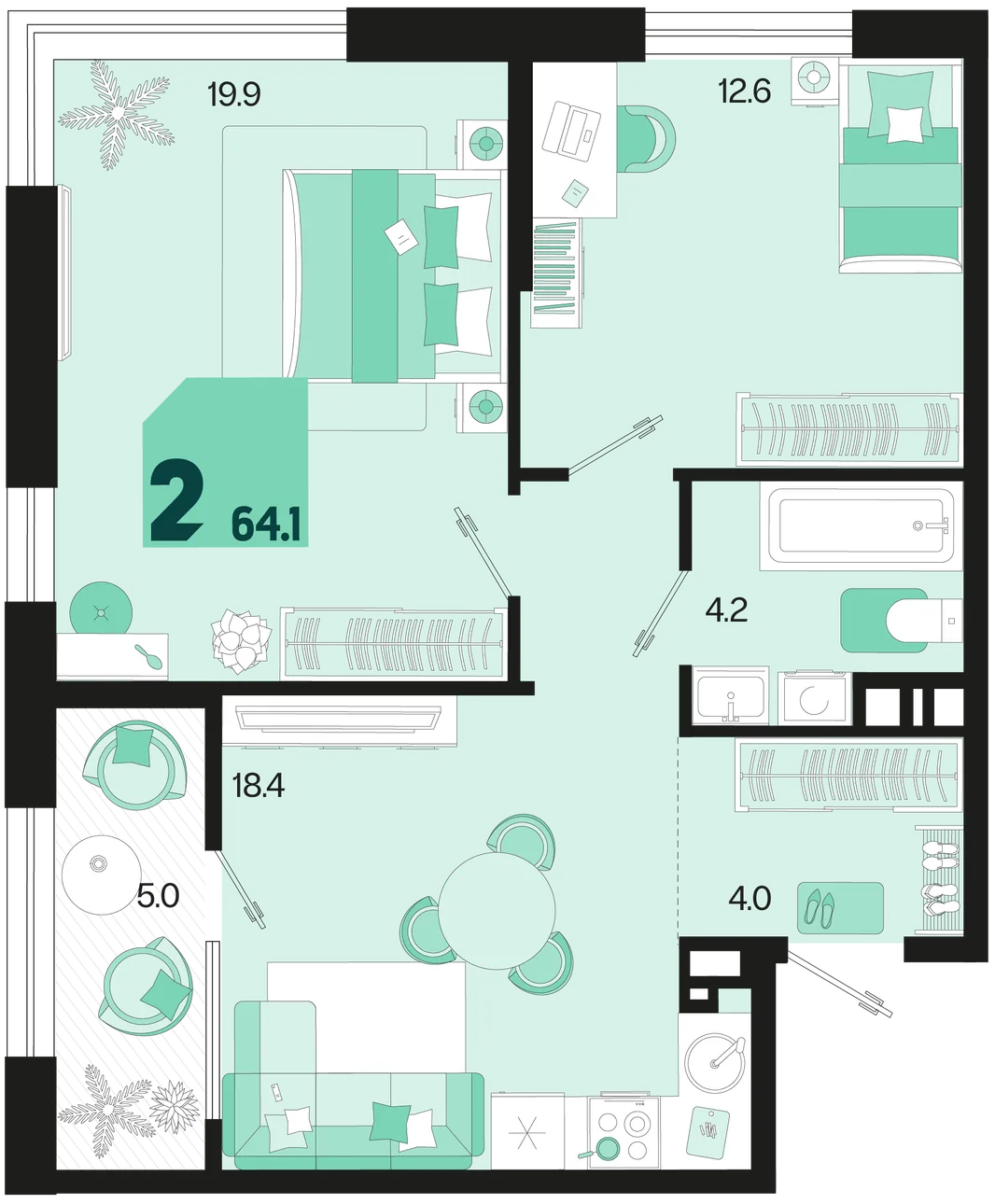 Планировка 2-комн. квартира, 64.1 м² ЖК «Первое место»