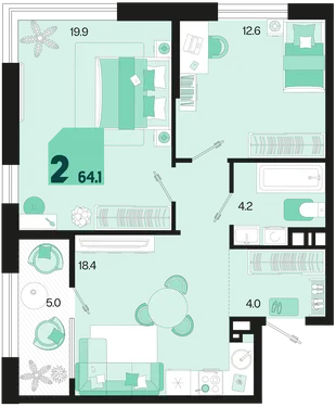 Планировка 2-комн. квартира, 64.1 м² ЖК «Первое место»